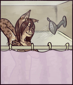 ambiguous_gender anthro bathing border brown_body brown_fur countershading eyes_closed fur hair hand_behind_head inner_ear_fluff markings multicolored_body raised_arm red_hair shower shower_curtain shower_head soap solo spots spotted_body steam suds tuft water wet wet_body wet_fur wet_hair conditional_dnp tangerine_(artist) gina_di_roberti bobcat felid feline lynx mammal 2023 digital_media_(artwork) hi_res trans_(lore) trans_woman_(lore)