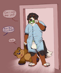 4_toes 5_fingers ageplay anthro big_pacifier biped blue_clothing brown_body brown_fur brown_nose button_(fastener) clean_diaper clothed clothing dialogue diaper feet fingers fur green_eyes infantilism male multicolored_body multicolored_fur object_in_mouth offscreen_character pacifier pacifier_in_mouth plushie roleplay simple_background sleeper solo teddy_bear text toes wearing_diaper white_body white_fur bottlebear bernese_mountain_dog canid canine canis domestic_dog mammal molosser mountain_dog swiss_mountain_dog 2021 5:6 absurd_res digital_drawing_(artwork) digital_media_(artwork) english_text hi_res