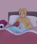 anthro bed bedding biped blanket duo eyes_closed furniture hug lying pillow scar abbytabbys unicorn_wars azulin_(unicorn_wars) cabo_pompon_(unicorn_wars) bear mammal 2023 hi_res