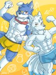 abs amber_eyes anthro athletic_wear barbell blue_body blue_facial_markings blue_fur blue_tail blue_tail_tip bottomwear bulge clothing collar dipstick_tail duo flexing flexing_bicep fur gym_bottomwear gym_shorts gym_shorts_only hair looking_at_viewer male markings multicolored_body multicolored_fur muscular muscular_male navel nipples one_eye_closed ponytail shorts tail tail_markings white_body white_fur wink winking_at_viewer yellow_facial_markings plasticer1 nintendo pokemon akino_(akino-kamihara) nox_(noxbluewolf) canid canine canis domestic_dog generation_1_pokemon mammal ninetales pokemon_(species) 3:4 hi_res