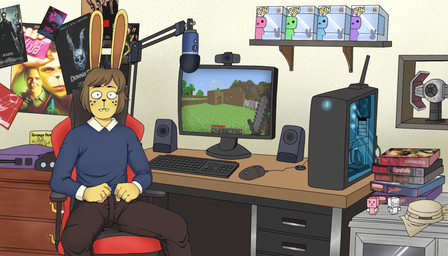 anthro biped book bottomwear clothed clothing computer computer_mouse electronics embarrassed freckles gaming_chair hair inside male monitor pants poster short_hair solo sweater text tie_fighter topwear ponehanon big_bun_burgers blade_runner donnie_darko drive_(movie) fight_club funko_pop! microsoft minecraft mojang mr._robot nickelodeon spongebob_squarepants star_wars the_matrix xbox_game_studios dale_(ponehanon) human lagomorph leporid mammal rabbit 2024 comic english_text hi_res mother_(lore) parent_(lore) son_(lore)