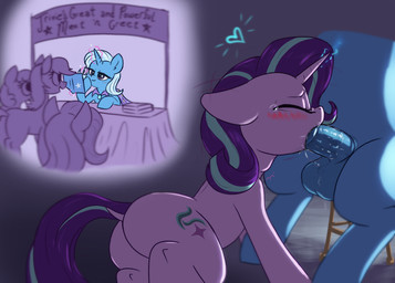 animal_genitalia animal_penis balls blue_balls blue_hair blue_horn blue_penis blush bodily_fluids butt cutie_mark ears_back equine_genitalia equine_penis erection eyes_closed fellatio female feral genitals group gynomorph hair heart_symbol hooves horn intersex magic magic_user medial_ring multicolored_hair oral oral_penetration penetration penile penis pivoted_ears public public_sex purple_body purple_hair quadruped rear_view sex solo_focus stealth_sex tears two_tone_hair under_table unicorn_horn t72b friendship_is_magic hasbro my_little_pony mythology starlight_glimmer_(mlp) trixie_(mlp) earth_pony equid equine horse mammal mythological_creature mythological_equine pony unicorn 2022 hi_res
