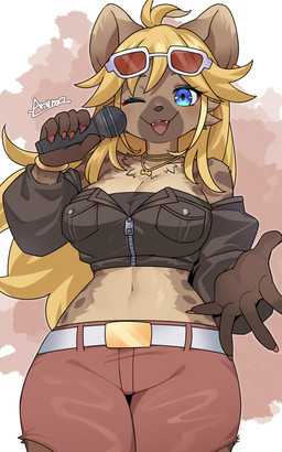 ahoge almond_nails alternative_fashion anthro bare_shoulders belt big_breasts biped blonde_hair blue_eyes blush bottomwear bracelet breast_pockets breasts brown_body brown_clothing brown_fur brown_jacket brown_topwear cleavage clothed clothing colored_nails cropped_jacket electronics eyewear eyewear_on_head fangs female fur ganguro_(fashion) gyaru hair holding_microphone holding_object j-fashion jacket jewelry long_hair long_nails looking_at_viewer markings microphone midriff multicolored_body multicolored_fur nails navel necklace one_eye_closed open_mouth pants red_bottomwear red_clothing red_nails red_pants smile solo spots spotted_body spotted_fur sunglasses sunglasses_on_head teeth text topwear torn_bottomwear torn_clothing torn_pants white_belt zipper arumo vtuber buchiage_hannah hyena mammal spotted_hyena 2024 5:8 absurd_res artist_name hi_res