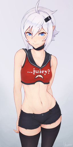 accessory ahoge angry bare_shoulders black_clothing black_legwear blue_eyes blush bottomwear breasts choker cleavage_cutout clothed clothing collarbone crop_top cutout eyebrows eyelashes fangs female grey_background grey_hair hair hair_accessory hairclip hotpants humanoid_pointy_ears jewelry legwear looking_at_viewer midriff navel necklace not_furry pointy_ears shirt short_hair shorts simple_background skindentation sleeveless_clothing small_breasts small_waist solo standing teeth text thick_thighs thigh_highs topwear wide_hips unsomnus luna_(unsomnus) humanoid mammal vampire absurd_res digital_media_(artwork) english_text hi_res