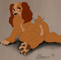 butt claws collar collar_only featureless_butt featureless_crotch female feral fur looking_back lying mouth_closed nude on_front paws presenting presenting_hindquarters semi-anthro smile solo sploot tail tail_motion tailwag marcushunter disney lady_and_the_tramp lady_(lady_and_the_tramp) american_cocker_spaniel bird_dog canid canine canis cocker_spaniel domestic_dog hunting_dog mammal spaniel 2019 hi_res signature