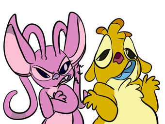 4_fingers antennae_(anatomy) antennae_markings buckteeth chest_tuft crossed_arms dipstick_antennae duo ear_markings facial_markings female fingers floppy_ears fur half-closed_eyes head_markings long_ears looking_aside looking_at_another male markings multicolored_antennae narrowed_eyes open_mouth pink_body pink_fur purple_eyes purple_nose red_nose semi-anthro sharp_teeth simple_background teeth tongue tuft white_background yellow_body yellow_fur trail-to-the-artpocalypse disney lilo_and_stitch angel_(lilo_and_stitch) reuben_(lilo_and_stitch) alien experiment_(lilo_and_stitch) 2015