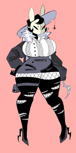 anthro belly big_breasts black_clothing breasts clothed clothing cross female fishnet_clothing footwear fully_clothed hat headgear headwear high_heels hook hook_hand huge_breasts jacket jewelry leggings legwear mask melee_weapon religious_symbol shoes simple_background solo topwear torn_clothing weapon white_clothing wide_hips puppkittyfan1 lagomorph leporid mammal rabbit digital_media_(artwork) hi_res