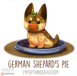 ambiguous_gender beady_eyes black_eyes dessert fangs feral food humor open_mouth pastry pie platter pun simple_background solo teeth text visual_pun white_background piper_thibodeau canid canine canis domestic_dog food_creature german_shepherd herding_dog mammal pastoral_dog digital_media_(artwork) digital_painting_(artwork) english_text painting_(artwork)