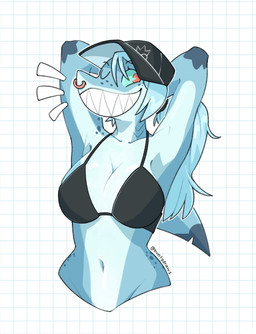 accessory anthro bare_shoulders baseball_cap big_breasts bikini bikini_top blue_body blue_hair breasts clothed clothed_anthro clothed_female clothing collarbone countershade_face countershade_neck countershade_torso countershading dorsal_fin emanata eyebrow_through_hair eyebrows eyelashes eyeshadow facial_piercing female female_anthro fin fin_piercing fingers freckles furgonomic_piercing furgonomics gills grin hair hair_accessory hair_tie hat headgear headwear makeup multicolored_body navel non-mammal_breasts non-mammal_hair non-mammal_navel nose_piercing nose_ring notched_fin piercing ponytail pupils red_pupils ring_piercing scrunchie sharp_teeth smile smiling_at_viewer snout solo swimwear teeth text tied_hair toothy_grin toothy_smile translucent translucent_hair two-piece_swimsuit wearing_hat wide_hips huntydraws jawlene_(herny) aquatic fish shark artist_name hi_res
