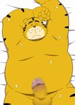 anthro balls belly big_belly bodily_fluids erection eyes_closed genitals kemono lying male moobs navel overweight overweight_male penis solo sweat eto1212 shima_shima_tora_no_shimajirou shimataro felid mammal pantherine tiger 2024 absurd_res censored hi_res