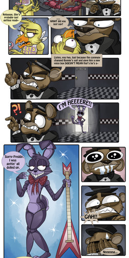 anthro eye_patch eyewear female hook machine male text a7xsparx five_nights_at_freddy's scottgames bonnie_(fnaf) chica_(fnaf) cupcake_(fnaf) foxy_(fnaf) freddy_(fnaf) animatronic avian bear bird canid canine chicken fox galliform lagomorph leporid mammal phasianid rabbit robot 2015 absurd_res comic digital_media_(artwork) english_text hi_res