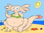 beach belly big_belly big_breasts bikini blue_sky bodily_fluids breasts clothing female green_clothing heterochromia nipples outside overweight overweight_female seaside sky solo sweat swimwear two-piece_swimsuit agouti-rex charly_(mpff) amphibian axolotl marine mole_salamander salamander 2016