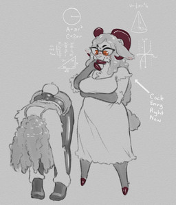 ambiguous_gender anthro bent_over breasts clothing dress duo eyewear female glasses grey_background hooves horizontal_pupils legwear math pantyhose pupils simple_background smile standing tail text thinking cinnamimi samantha_(cinnamimi) sophie_(cinnamimi) bear bovid caprine mammal sheep 2026 digital_media_(artwork) english_text