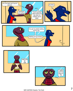 anthro blind clothing cochlear_implant_processor deaf dialogue disability dress female letter shirt text topwear walking_stick window baristagamerproductions ada_(gem_hunters) queenie_(gem_hunters) canid canine mammal reptile scalie snake 4:5 absurd_res comic english_text hi_res