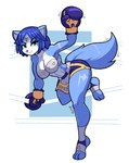2023 3_toes anthro bandeau big_breasts blue_body blue_fur blue_hair bottomwear boxing_gloves breasts canid canine circlet cleavage clothed clothing feet female fox fur green_eyes hair handwear hi_res hindpaw krystal_(star_fox) looking_at_viewer mammal markings midriff netto-painter nintendo paws short_hair shorts smile solo star_fox toeless_legwear toes topwear white_body white_fur