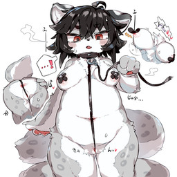 ahoge anthro anus areola barely_visible_nipples biped black_hair blush blush_lines breasts breath chest_tuft clitoris collar countershading crotch_tuft female female_anthro fluffy fluffy_tail front_view fur fur_tuft genitals grey_body grey_fur hair leash leashed_collar leopard_spots medium_breasts monotone_hair multicolored_body multicolored_fur navel nipples nude nude_anthro nude_female onomatopoeia pasties pussy_floss red_eyes short_hair simple_background slightly_chubby slightly_chubby_anthro slightly_chubby_female solo sound_effects spots straight_hair tail text tuft two_tone_body two_tone_fur vulva white_background white_body white_countershading white_fur ookm felid mammal pantherine snow_leopard 1:1 2023 cel_shading digital_drawing_(artwork) digital_media_(artwork) japanese_text shaded