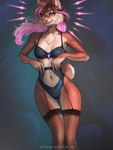 anthro black_bra black_clothing black_lingerie black_panties black_underwear bra breasts brown_body brown_fur chest_tuft chromatic_aberration clothing colored_nails fangs female female_anthro fur garter_belt garter_straps hair legwear lingerie looking_at_viewer multicolored_eyes nails navel panties pink_hair pink_nails short_tail small_breasts small_waist smile solo standing stockings tail teeth translucent translucent_clothing translucent_legwear tuft underwear wide_hips etskuni thais_(etskuni) felid feline lynx mammal 2023 3:4 artist_name digital_drawing_(artwork) digital_media_(artwork) hi_res