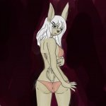 accessory anthro bikini blue_eyes brown_body brown_fur clothed clothing female fur hair hair_accessory hairclip lips looking_at_viewer looking_back parallel_clips skimpy solo string swimwear tight_clothing two-piece_swimsuit white_hair aishamint rudy lagomorph leporid mammal rabbit 1:1