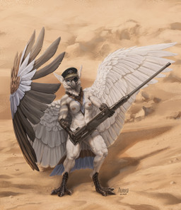 3_toes 5_fingers anthro areola beak biped breasts claws clothed clothed_anthro clothed_female clothing day eyewear feathered_wings feathers feet female finger_claws fingers front_view glasses gun hat hat_only headgear headgear_only headwear headwear_only holding_gun holding_object holding_ranged_weapon holding_weapon looking_at_viewer mostly_nude mostly_nude_anthro mostly_nude_female nipples outside ranged_weapon scuted_arms scuted_legs scutes smile solo standing toe_claws toes weapon wings aurru avian bird 2026 digital_drawing_(artwork) digital_media_(artwork) hi_res