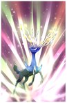 ambiguous_gender antlers aura black_body black_fur blue_body blue_eyes blue_fur feral fur horn light mythical on_hind_legs pose quadruped solo raycrystal nintendo pokemon deer generation_6_pokemon legendary_pokemon mammal pokemon_(species) xerneas xerneas_(active_mode) hi_res shaded