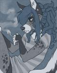 ambiguous_gender angry anthro blue_hair cigarette clothing ear_piercing fur glare hair inner_ear_fluff jewelry long_hair piercing raised_tail smoke smoking solo stripes tail tuft spiffybunny inky canid canine fox mammal 2014