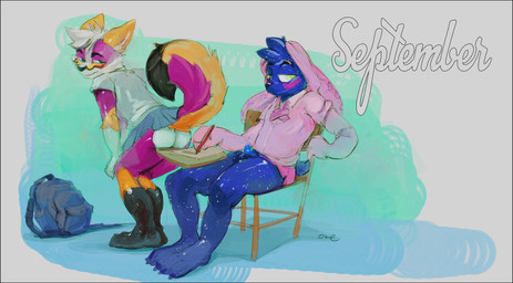 ambiguous_gender animal_genitalia anthro backpack biped black_body black_border black_eyebrows black_fur black_tail blue_body blue_bottomwear blue_claws blue_clothing blue_eyes blue_hair blue_penis blue_skirt blush border bottomwear butt chair claws clothing dipstick_tail duo ears_back eyebrows fur furniture genitals gloves_(marking) green_eyes hair hoodie leg_markings looking_aside male male/ambiguous markings orange_body orange_ears orange_fur orange_tail penis penis_tip pink_body pink_clothing pink_fur pink_hoodie pink_tail pink_topwear pivoted_ears presenting presenting_hindquarters sheath short_hair simple_background sitting skirt socks_(marking) standing tail tail_markings three-quarter_view topwear white_body white_fur white_inner_ear oselotti absurd_res hi_res signature