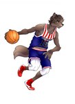 5_fingers abs anthro athletic athletic_anthro athletic_male ball basketball_(ball) basketball_jersey basketball_uniform black_nose bottomwear brown_body brown_eyes brown_fur brown_hair claws clothed clothing dribbling finger_claws fingers footwear fur hair male pecs shoes shorts sneakers solo sportswear uniform fanakfurry josh_woodlane canid canine canis mammal wolf 2024 hi_res