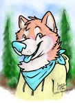 anthro blue_kerchief blue_neckerchief blue_nose blue_tongue clothed clothing detailed_background fur grey_eyes hoodie kerchief male markings neckerchief neckwear orange_body orange_fur pink_markings plant smile snout solo text tongue tongue_out topwear tree whisker_spots white_body white_fur white_inner_ear yellow_clothing yellow_hoodie yellow_topwear matrices_(artist) soupy_(curlworks) canid canine canis domestic_dog mammal shiba_inu spitz 2016 digital_drawing_(artwork) digital_media_(artwork) half-length_portrait portrait shaded signature url