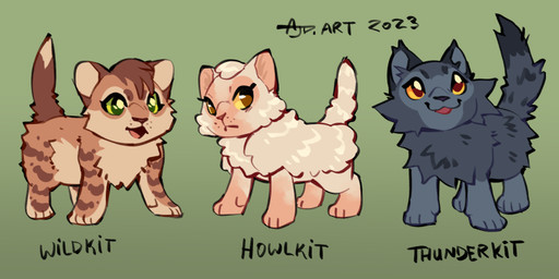 :3 ambiguous_gender brown_eyes countershading eyelashes feet feral fluffy fur green_background green_eyes grey_body grey_fur group markings open_:3 open_mouth open_smile orange_eyes paws quadruped simple_background smile standing striped_body striped_fur stripes tail tan_body tan_fur text trio young young_ambiguous young_feral flipside warriors_(book_series) fan_character howlfang_(flipside) thundercloud_(flipside) wildheart_(flipside) domestic_cat felid feline felis mackerel_tabby mammal tabby_cat 2023 character_name dated model_sheet signature sibling_(lore)
