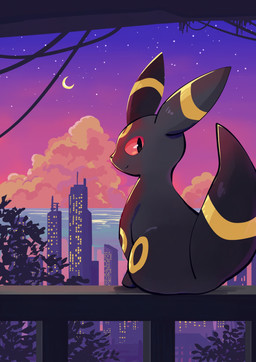 ambiguous_gender city cityscape cloud feral fur grey_body grey_fur looking_at_viewer looking_back looking_back_at_viewer moon night red_sclera sitting sky smile solo star tail yellow_body yellow_fur komanyachi nintendo pokemon eeveelution generation_2_pokemon pokemon_(species) umbreon 2025 absurd_res digital_media_(artwork) hi_res