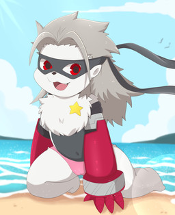 anthro beach bikini bikini_bottom chest_tuft clothed clothing female metal_arms outside pose smile solo swimwear topless tuft two-piece_swimsuit anonymous_artist bandai_namco digimon digimon_(species) wolvermon absurd_res hi_res
