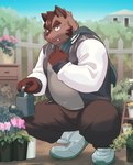 anthro bottomwear brown_body clothing detailed_background gardening humanoid_hands kemono male outside overweight overweight_male pants scarf solo sweater topwear watering_can oumagawald knights_college hermann_(knights_college) mammal suid suine sus_(pig) wild_boar 2022 hi_res