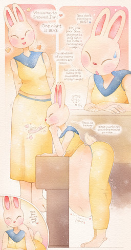 abdominal_bulge ambiguous_gender anthro barefoot belly big_belly blush bottomwear burping clothed clothing eyes_closed feet female female/ambiguous fur long_skirt looking_at_viewer open_mouth oral_vore red_nose rumbling_stomach shirt simple_background skirt smile soft_vore solo sound_effects speech_bubble standing tail text topwear vore white_body white_fur superconductor undertale undertale_(series) rabbit_innkeeper human lagomorph leporid mammal absurd_res digital_media_(artwork) english_text hi_res