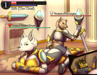 anthro armor breasts butt female gameplay_mechanics group gui health_bar macro male unconvincing_armor thony_dog canid canine canis fox hyena mammal wolf