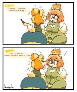 alcohol anthro beverage big_butt bottomwear bubble butt clothed clothing derp_eyes dialogue drunk drunk_bubble duo eyewear female glasses huge_butt huge_hips monotone_bottomwear monotone_clothing monotone_skirt pencil_skirt question_mark simple_background skirt square_crossover substance_intoxication sweater_dress text thick_thighs white_background wide_hips jhenightfox animal_crossing nintendo derpybelle isabelle_(animal_crossing) canid canine canis domestic_dog mammal shih_tzu toy_dog 2022 5:6 absurd_res comic comic_sans english_text hi_res