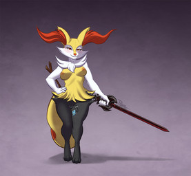 anthro areola arm_tuft black_body black_fur blush breasts cheek_tuft digitigrade dipstick_tail eyelashes facial_tuft feet female female_anthro front_view fur genitals hand_on_hip holding_melee_weapon holding_object holding_sword holding_weapon inner_ear_fluff looking_at_viewer markings medium_breasts melee_weapon nipples nude orange_areola orange_eyes orange_nipples orange_nose penetration sex_toy sex_toy_in_vagina sex_toy_insertion shoulder_tuft smile solo sword tail tail_markings thick_thighs tuft vaginal vaginal_penetration vibrator vibrator_in_vagina vulva weapon white_body white_fur wide_hips yellow_body yellow_fur rayzoir nintendo pokemon braixen generation_6_pokemon pokemon_(species) hi_res