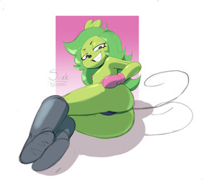 anthro bedroom_eyes biped black_nose boots breasts butt clothed clothing dot_eyes eyebrows female footwear gloves green_body green_hair grey_boots grey_clothing grey_footwear grin hair hand_on_hip hand_on_own_hip handwear loli long_hair looking_at_viewer looking_back looking_back_at_viewer lying narrowed_eyes nipples on_side panties partially_clothed pink_clothing pink_gloves pink_handwear presenting presenting_hindquarters rear_view seductive shoes simple_background simple_eyes small_breasts smile solo tail thin_tail underwear young young_anthro young_female sukk-madikk cartoon_network ok_k.o.!_let's_be_heroes fink_(ok_k.o.!_lbh) mammal murid murine rat rodent 2023 hi_res