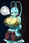 abby_(doodlewill) anthro anthrofied battery big_breasts blue_body blue_skin bottomwear breasts chinchou clothing cross_pupils doodlewill fake_breasts female generation_2_pokemon hi_res huge_breasts midriff navel nintendo non-mammal_breasts pokemon pokemon_(species) pokemorph pupils rosy_cheeks shorts solo symbol-shaped_pupils unusual_pupils yellow_body yellow_skin