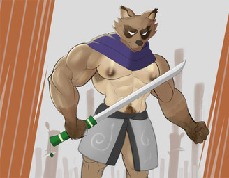 abs anthro bottomwear brown_body brown_fur clothed clothing fur grey_bottomwear grey_clothing holding_katana holding_melee_weapon holding_object holding_sword holding_weapon katana male male_anthro melee_weapon muscular muscular_male nipples partially_clothed solo sword weapon spell_lhost epic_games fortnite hajime_(fortnite) canid canine mammal raccoon_dog tanuki 2025 hi_res