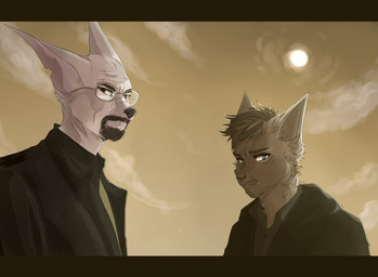 alternate_species anthro black_nose clothed clothing cloud detailed_background duo eyewear facial_hair fully_clothed fur furrification glasses hair looking_at_viewer male sky sun nekoshit breaking_bad jesse_pinkman walter_white mammal 2017 digital_media_(artwork) digital_painting_(artwork) letterbox painting_(artwork) restricted_palette shaded
