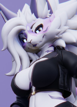 anthro big_breasts black_sclera breasts cleavage clothed clothing facial_markings female fishnet_clothing fishnet_shirt fishnet_topwear glowing glowing_eyes hair head_markings jacket looking_at_viewer looking_down markings multicolored_body purple_stripes shirt solo stripes topwear white_body white_hair zeta_(zetafrostrenders) zetafrostrenders mythology dragon mythological_creature mythological_scalie novabeast scalie 3d_(artwork) blender_(artwork) blender_cycles_(artwork) digital_media_(artwork) half-length_portrait hi_res portrait
