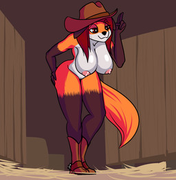 5_fingers anthro bent_over big_breasts black_body black_fur black_nose boots breasts closed_smile clothing countershade_torso countershading cowboy_hat ears_down female fingers footwear fur genitals gloves_(marking) hair hanging_breasts hat hay headgear headwear inside leg_markings markings medium_hair mostly_nude mouth_closed nipples orange_body orange_fur pivoted_ears red_eyes red_hair shoes smile snout socks_(marking) solo spurs tail tipping_hat vulva white_body white_countershading white_fur quitetricky kobold_adventure cassidy_(kobold_adventure) canid canine fox mammal aliasing digital_media_(artwork) full-length_portrait hi_res portrait