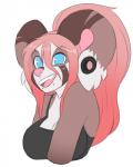 anthro breasts clothing ear_piercing facial_piercing fangs female lip_piercing no_pupils open_mouth piercing simple_background smile solo teeth tongue white_background kammymau kammy_mau deer hybrid mammal 4:5 hi_res