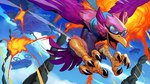 anthro beak day destruction detailed_background eyewear feathered_wings feathers feet flying goggles male open_beak open_mouth purple_body scarf solo talons toes wings garrett_hanna rivals_of_aether wrastor avian bird hi_res official_art