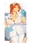 anthro big_breasts breasts cleavage clothed clothing doctor eyewear female glasses gloves green_eyes hand_on_hip handwear head_hair latex latex_clothing latex_gloves latex_handwear medical_instrument scientific_instrument solo stethoscope syringe galacticmichi katrina_fowler felid feline mammal 2024