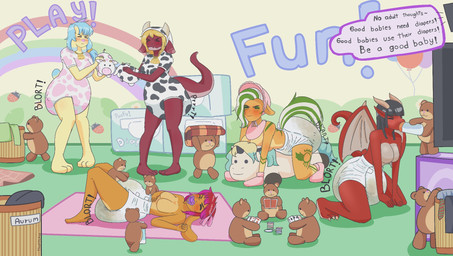 ageplay animal_print anthro baby_bonnet baby_bottle bib big_diaper black_hair blonde_hair blort blue_hair blush blush_lines booties breasts card changing_mat claw_toes clothed clothing cow_print dialogue diaper diaper_only diaper_package drinking_milk electronics eyes_closed featureless_breasts feces female fur green_floor green_hair grinding group hair handwear horn infantilism inside kneeling long_ears looking_at_television looking_up lying markings masturbation mittens nub_tail nursery on_back onesie orange_body orange_fur playing_card plushie plushie_humping plushophilia pooping raised_tail red_body red_hair red_scales roleplay scales soiled_diaper soiling soiling_diaper standing straining tail television text topless unclean_diaper used_diaper using_diaper wearing_diaper white_hair wings yellow_body thatdlguy mythology amber_(desertdwellerfeller) bubblegum_(bubblepuppers) tia_(crimsoni) animate_inanimate canid canine canis domestic_dog dragon kobold lagomorph leporid living_plushie mammal mythological_creature mythological_scalie rabbit scalie english_text hi_res