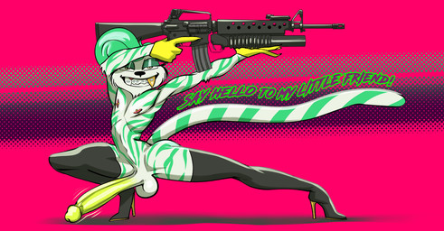 anthro balls bedroom_eyes big_penis boots boots_only braces clothing crouching dialogue fangs footwear footwear_only fur genitals gold_(metal) gold_tooth greeting gun hair half-closed_eyes high_heeled_boots high_heels holding_gun holding_object holding_ranged_weapon holding_rifle holding_weapon humanoid_genitalia humanoid_penis legwear looking_at_viewer male mostly_nude narrowed_eyes nipple_piercing nipples nude penis piercing ranged_weapon rifle seductive shoes simple_background smile solo spread_legs spreading tail teeth text weapon jackofak puddin_toon_skunk felid hybrid mammal mephitid pantherine skunk tiger digital_media_(artwork) english_text