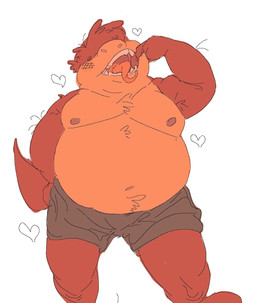 anthro belly bottomwear clothed clothing fluffy male moobs nipples overweight overweight_anthro overweight_male red_body shorts size_difference smaller_male solo tail teasing thick_tail thick_thighs tongue tongue_out topless wide_hips kottotter kott_(kottotter) kobold scalie hi_res