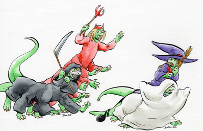 10_legs 3_toes 4_fingers 4_toes 6_legs arms_bent barefoot big_hands black_clothing blonde_hair bottomwear broom claws cleaning_tool clothed clothing coat costume devil_costume fake_horns feet female fingers furgonomic_bottomwear furgonomics gesture ghost_costume green_body grin group hair halloween_costume hat headgear headwear holding_object holidays long_hair looking_at_another looking_back looking_up male melee_weapon multi_leg multi_limb on_hind_legs open_mouth orange_eyes polearm purple_bottomwear purple_clothing purple_coat purple_topwear raised_tail reaper_costume red_clothing scythe sharp_teeth short_hair short_tail side_view simple_background smile snout speech_bubble sprawling_gait standing tail tapering_tail teeth text toes tongue topwear trident walking weapon wearing_costume white_background white_clothing witch_costume witch_hat yellow_claws cervelet halloween crystal_(growing_troubles) kazuli_(growing_troubles) miles_(growing_troubles) zillie_(growing_troubles) lizard lizard_taur long_taur reptile reptile_taur scalie scalie_taur taur 2021 comic english_text handwritten_text painting_(artwork) shaded signature traditional_media_(artwork) traditional_painting_(artwork) traditional_watercolor_(artwork) watercolor_(artwork) brother_(lore) brother_and_sister_(lore) sibling_(lore) sister_(lore)