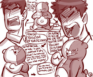 anthro chibi duo male plushie slightly_chubby split_color text trashtoonz danganronpa danganronpa:_trigger_happy_havoc spike_chunsoft jin_kirigiri monokuma bear human mammal english_text hi_res